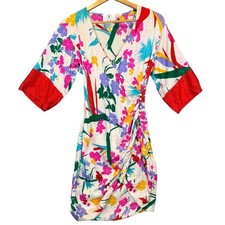 Flora Kung Wrap Dress Women 2 Multicolor Silk Floral Tropical 80s Vintage Petite