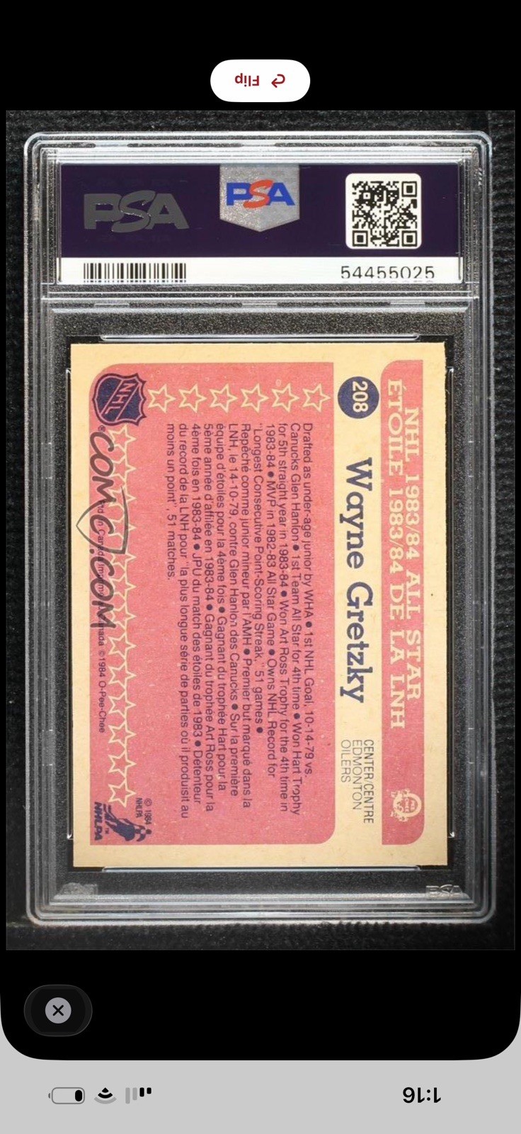 1984-1985 O-Pee-Chee All Star Wayne Gretzky #208 PSA 9 Mint Edmonton Oilers HOF view 2
