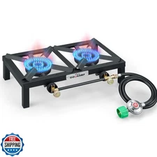 COOKAMP Propane Double Burner Angle Iron Camp Stove with CSA Listed Regulator