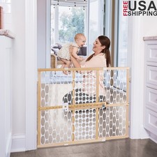 Baby Safety Gate Quick-Fit Oval Mesh Wood Adjustable Pressure Mount Expandable