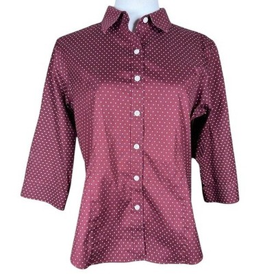 LL Bean Womens Burgundy Heart Print Wrinkle Free 3/4 Sleeve Button Down Shirt MP