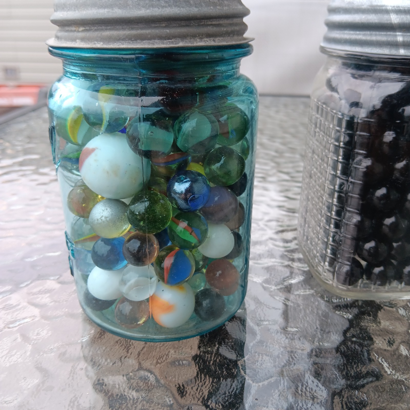 Lot Of Two Jars Full Of Vintage Marbles & Pint Jars
