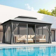Instahut Gazebo 3x4m, Double Roof Outdoor Patio Gazebo with Curtains & Removable