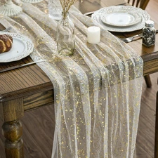Beige Gold Gauze Table Runner 120 Inch 10FT, Glitter Metallic Foil Sheer Dining 