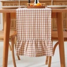 Taupe White Plaid Gingham Ruffle Table Runner 90 inches Long 100 Washed Cotton