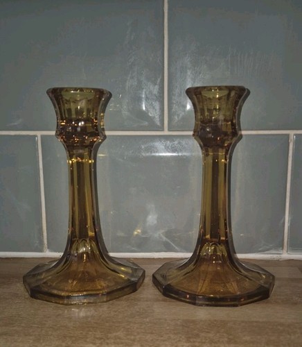 Pair (2) Vtg Amber Glass Candle Sticks 6 Inch - Picture 2 of 9