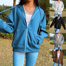 Womens Hoodie Sweatshirt Jacket Long Sleeve Zip Up Loose Fit Solid Polyester