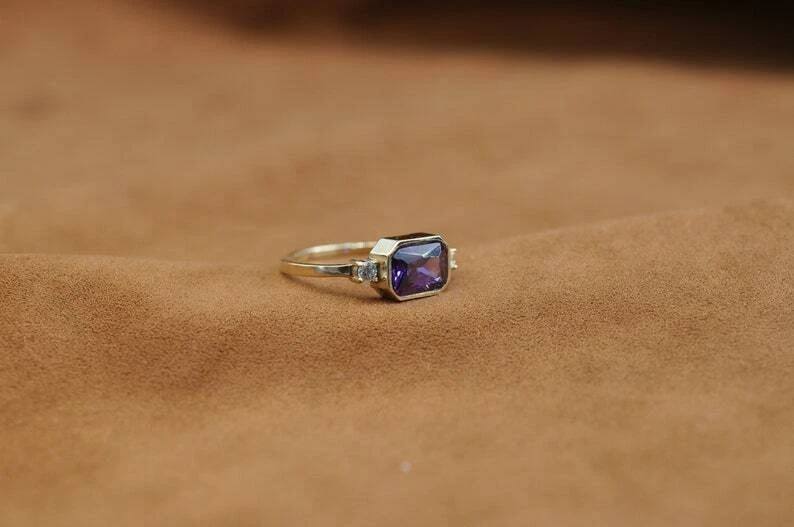 Natürlicher Lila Amethyst Edelstein 14K Massivgold Verlobungsring M039 - Bild 2 von 4