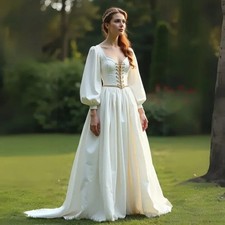 Vintage Medieval Wedding Dresses Boat Neck Puffy Long Sleeves Satin Bridal Gowns