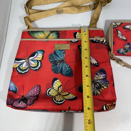 Anuschka Crossbody Purse Bag & Wallet Set - Red Butterfly Hand painted Fabric - Picture 6 of 12
