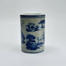Antique Chinese Blue White Porcelain Brush Pot Landscape Scene