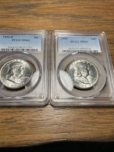 1955 and 1954 D PCGS MS63 Franklin Half Dollar Pure White Lot Of (2) Coins PQ++