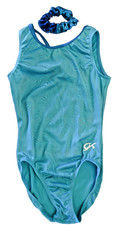 GK Elite Leotard Aqua Turquoise, size AXS with unique swirls in fabric scrunch