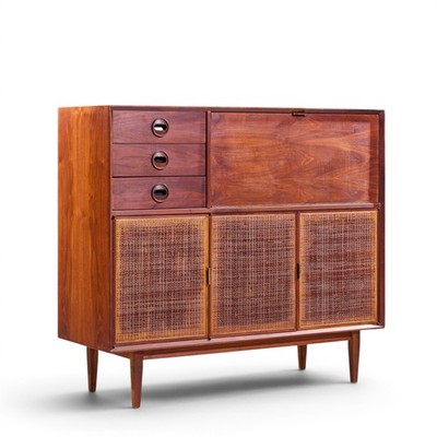 Jack Cartwright for Founders Mid Century Walnut and Cane Bar Cabinet