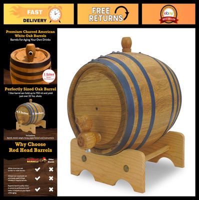 1L Premium Oak Aging Barrel for Whiskey, Rum & Wine - Charred American Oak + Rec
