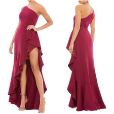 Mac Duggal NWT Purple One Shoulder High Slit Ruffle Gown Size Berry 4 Hi-Low Hem