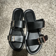 Black Buckle Double Strap Flat Sandals Synthetic Adjustable Women Casual