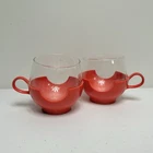 Vintage Pyrex Roly Poly Set of 2 Red Glass 1970s Coffee Cups/Tea Cups w Holders