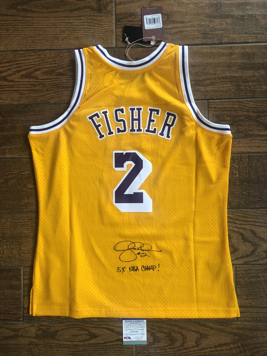 Derek Fisher Autographed 5x NBA CHAMP Mitchell Ness Lakers Swingman Jersey PSA