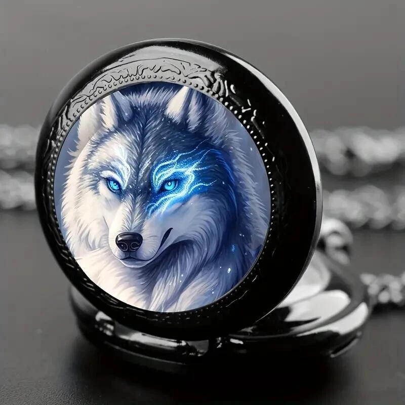 Vintage Cool Blue Wolf King Quartz Pocket Watch Necklace Black Gift Men Women - Image 2 of 4