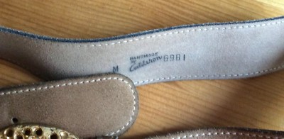 vintage Calderon tan belt with stylized gold tone C buckle medium Vintage Calderon Belt Handmade Tan Suede Gold Buckle Womens  main image 2