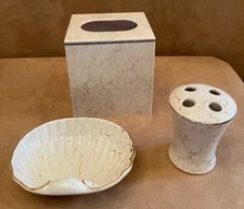 Vintage Bathroom set soap dish toothbrush tissue holder gold veining Kmart