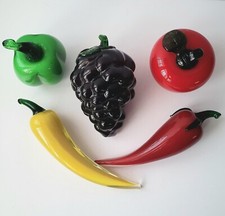 Vintage Murano Style Hand Blown Art Glass Vegetables Lot Of 5 GRAPE CHILI PEPPER
