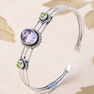 Lila Amethyst, Peridot Schliff Edelstein Armband 925 Sterling Silber Manschet...