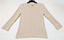LL Bean Fisherman Cable Knit Pullover Cream V-Neck Sweater Women's Size Small