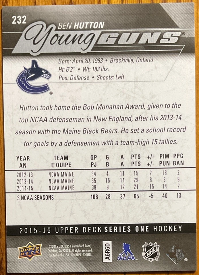 2015-16 Upper Deck Young Guns Rookie RC Ben Hutton #232 Vancouver Canucks - Image 2 of 2