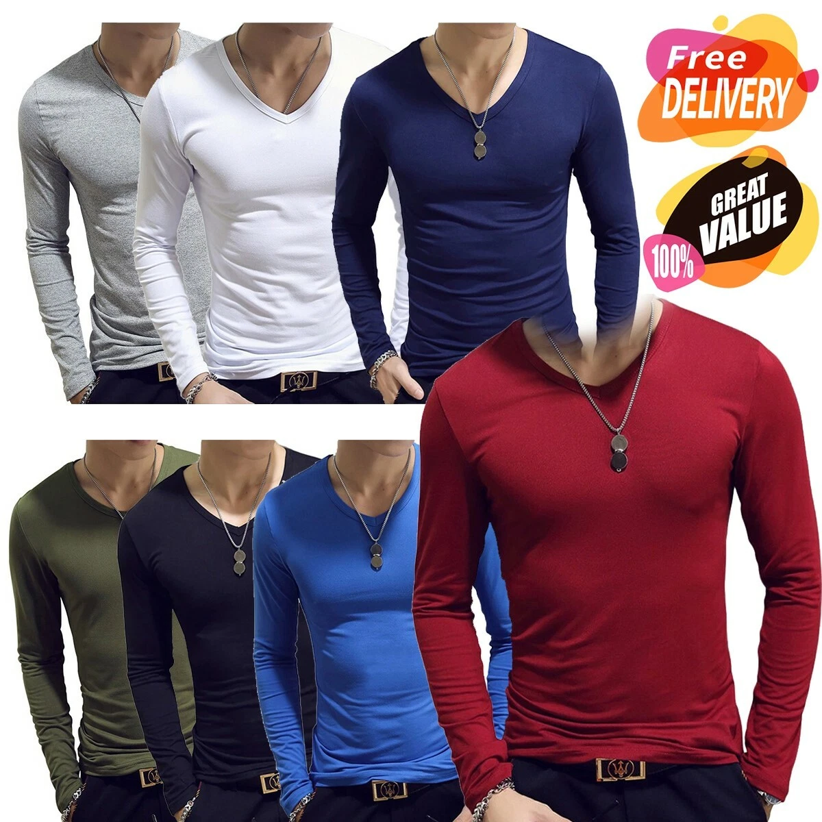 espina alivio lector Camiseta De Manga Larga Moda Casual Cuello V Elegante Para Hombre Algodón |  eBay