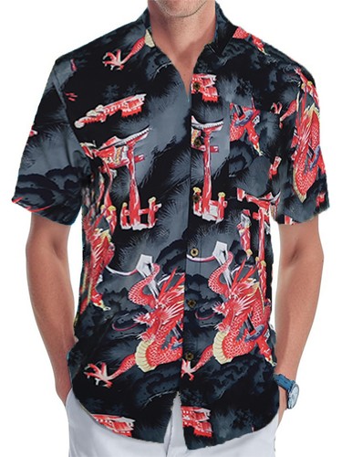 Men's Hawaiian Shirt Oriental Dragon Printed Casual Button Down Beach Shirts M