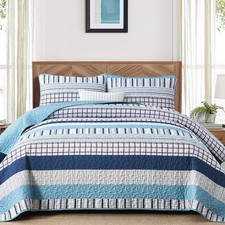 DJY Striped King Size Quilt Set Light Blue Boho Bedspread Coverlet 3 Piece Micro