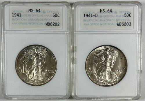 1941, 1941-D Walking Liberty Half Dollars ANA Gen 1 Slabs RARE ANAcs MS64 C DESC
