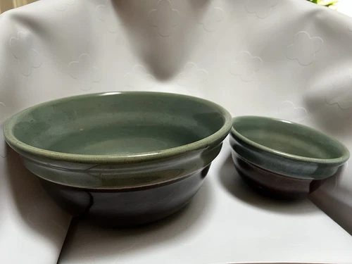 1940s Red Wing Pottery Mixing Bowl Green & Brown With Matching Smaller Bowl