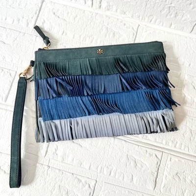 TORY BURCH Daim Frange Dragonne Sac à Main Femme Bleu Clair Bleu Marine Noir - Photo 1/4
