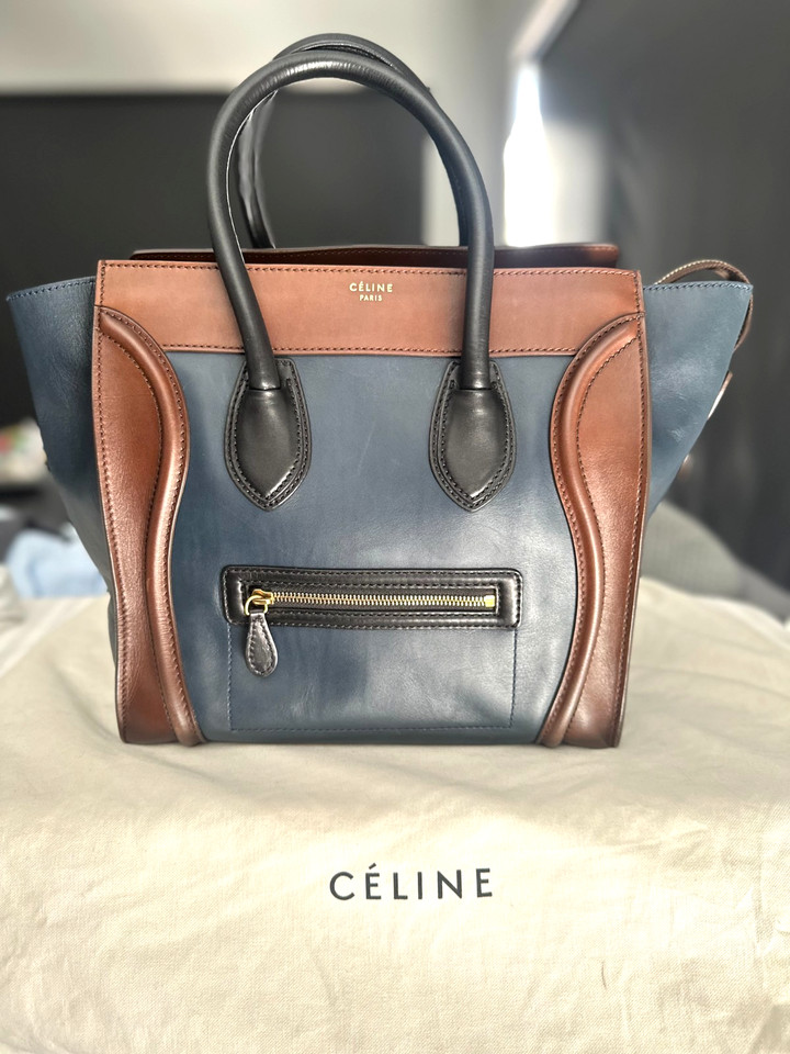 Celine Tricolor Navy Blue Chocolate Brown & Black Leather Mini Luggage Tote Auth