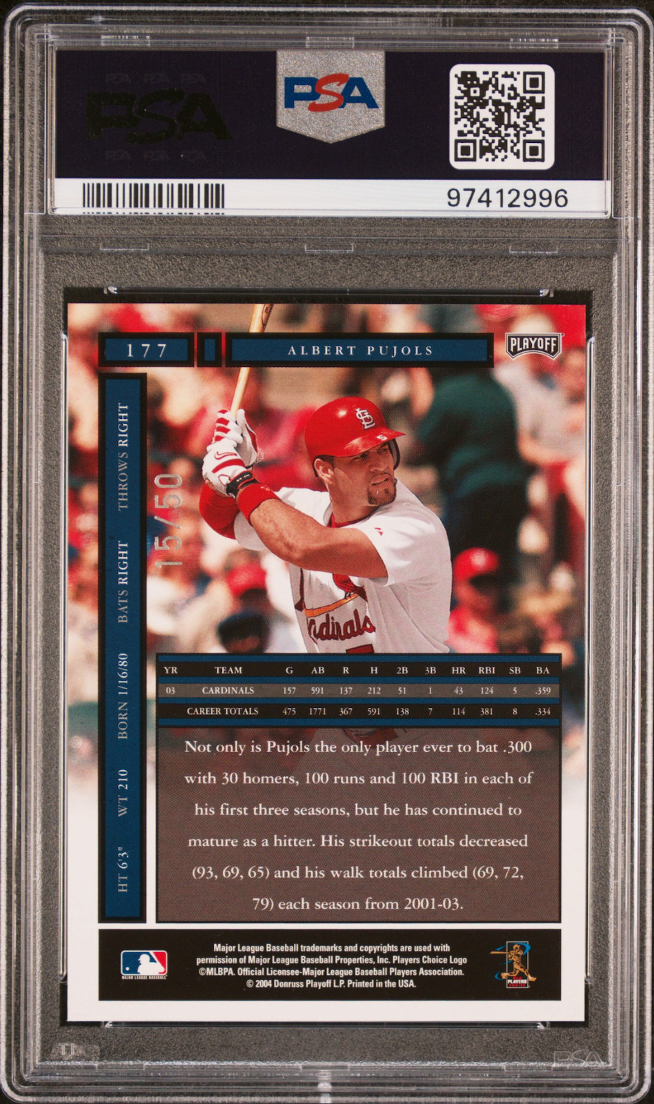 2004 Playoff Honors Albert Pujols Credits SILVER /50 PSA 8 NM-MINT!! 🔥 Pop 2 view 2