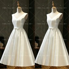 White Ivory Satin Wedding Dress Sleeveless Tea-Length Straps Simple Bridal Gown