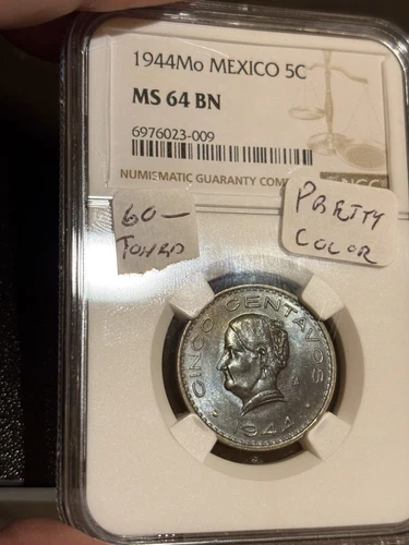 1944 Mexico 5 Centavos Ngc Ms 64 Bn Lovely Toned Blue Green