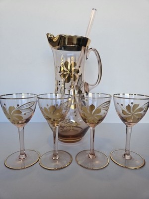   MCM Bohemian Czech Blush Glass Gold Enamel Cordial Set Pitcher + 4  