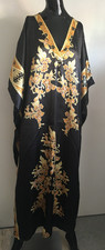 ASHRO One Size V-Neck Black Satin Polyester Gold Floral Long Caftan