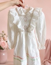 Polly Flinders Girls 4 White Long Sleeve Collared A-Line Smocked Ruffle Dress