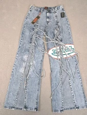 Von Dutch Tie Front Wide Leg Jeans Womens 9 Light Wash Patch Lace Up Denim New