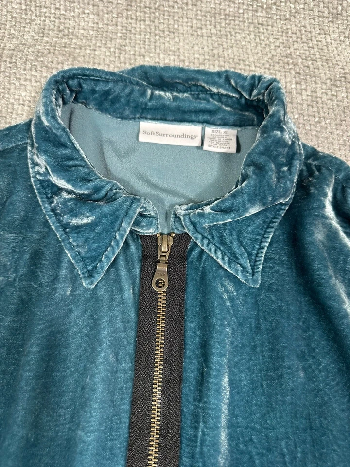Soft Surroundings Top Women XL Blue Green Crushed Velvet Exposed Zipper - Image 4 of 4