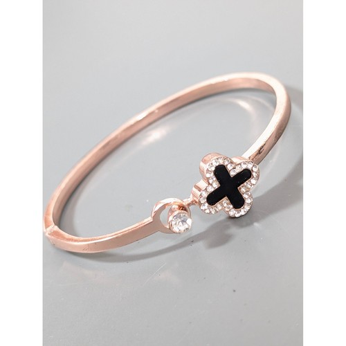 Rose Gold Tone Cross Bangle Bracelet 6.5" Minimalist Hinged Cuff - Picture 1 of 7