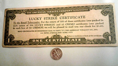 tobacco as currency 1932 LUCKY STRIKE CREMO AMERICAN TOBACCO Good for Cigar Token currency  Banknote