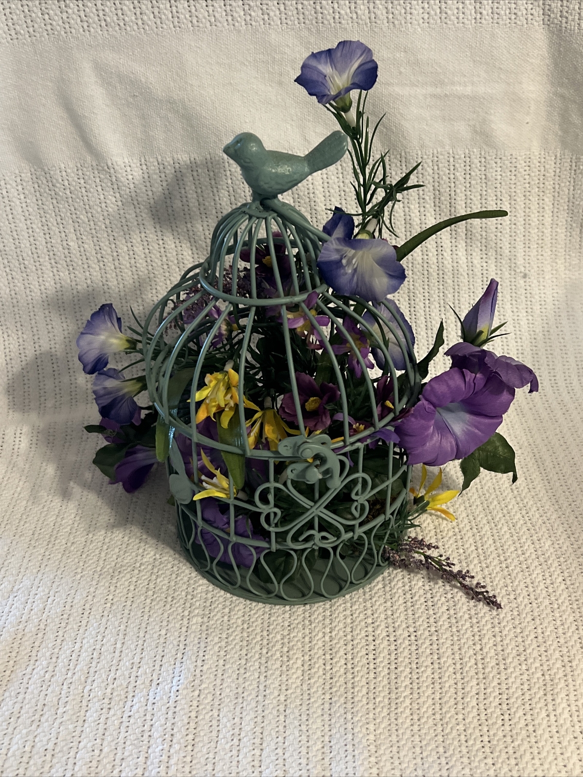 Blue Metal 10” Tall Decorative Bird Cage Topped With A Solid Metal Bird