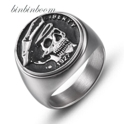 LIBERTY Vintage 1927 Amry Skull Punk Ring, Stainless Steel, Silver 