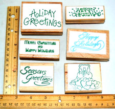 Christmas Greetings Rubber Stamps Wood Mounted Red Rubber Holiday Stamps